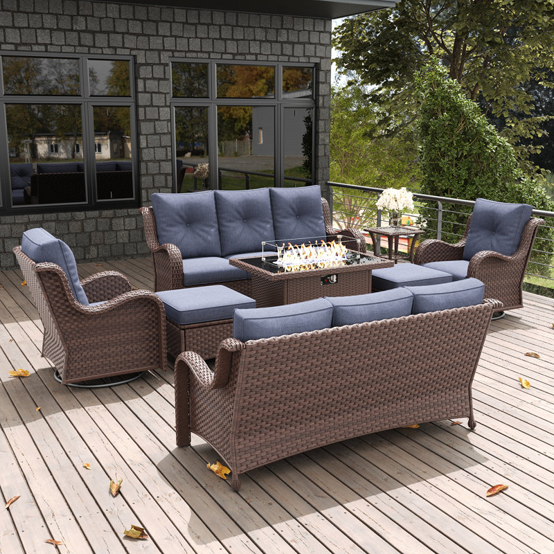  8 Pieces Outdoor Patio Furniture Set With Fire Pit Table, Rattan Wicker Sectional Swivel Rocker Chairs Sets With Ottomans, Swivel Glider Chair And Coffee Table