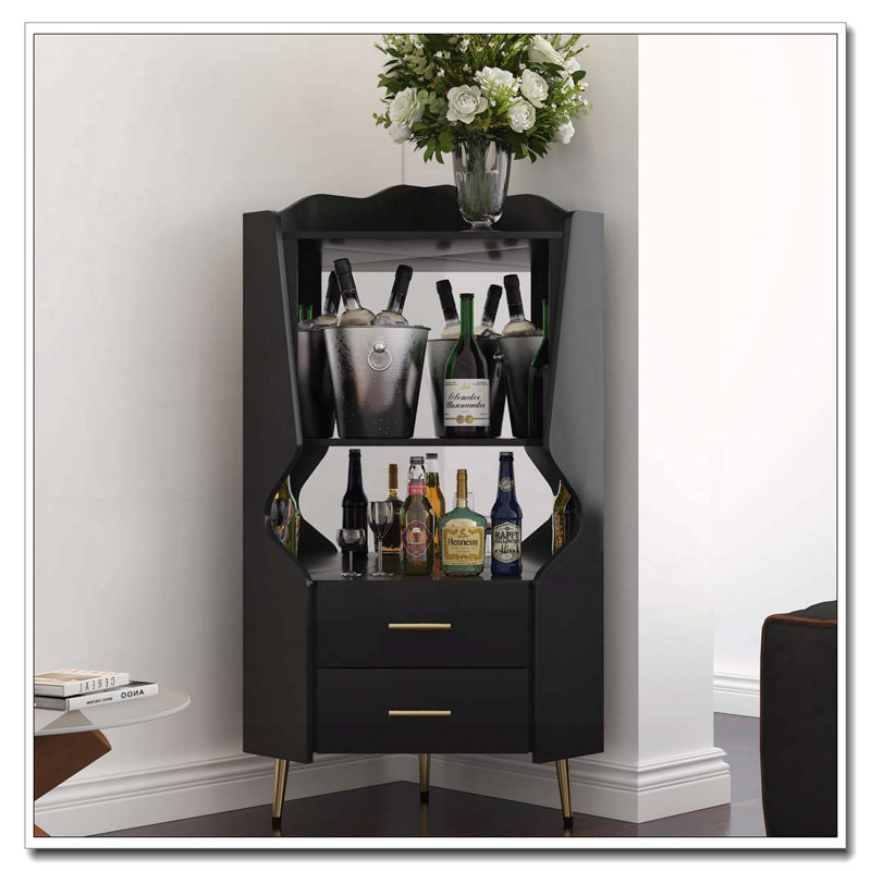 Wooden Corner Bar Cabinet With 2 Open Storage Shelves And 2 Drawers, Black