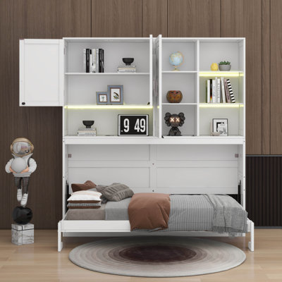 Lit escamotable mural simple avec armoire supérieure, tablettes, lumière et USB