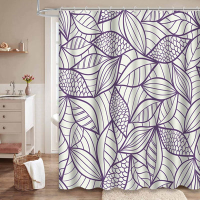 Waterproof Purple Green Floral Bath Modern Abstract Shower Curtain with 12 Hooks