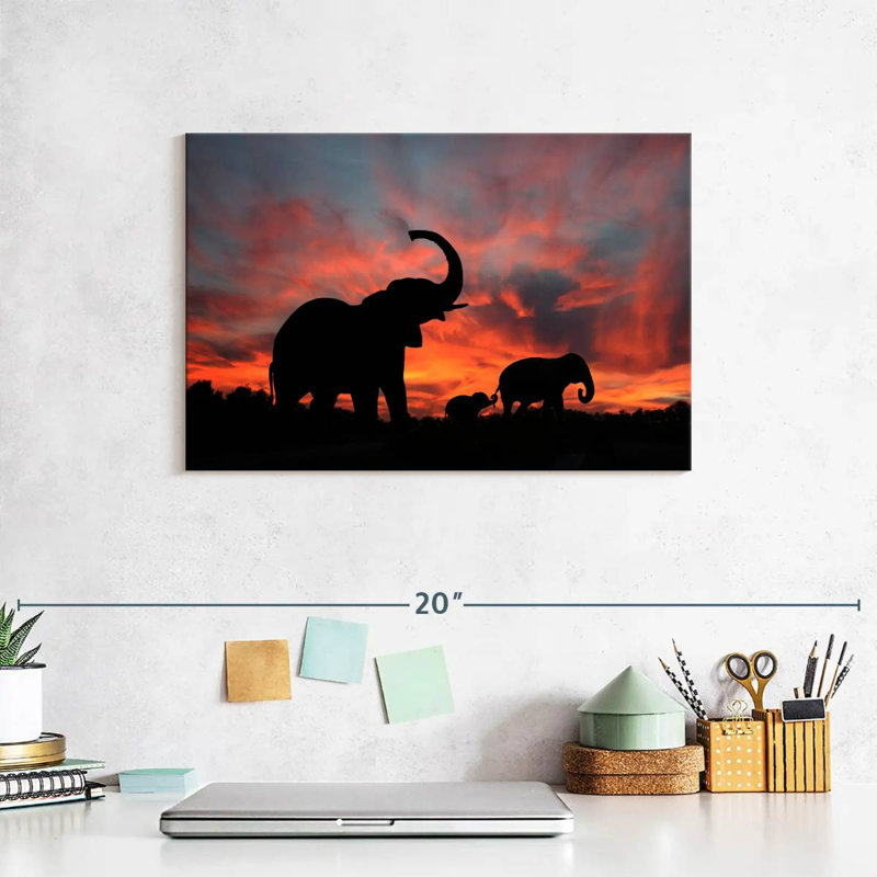Elephant Silhouette Sunset, 8" H x 12" W