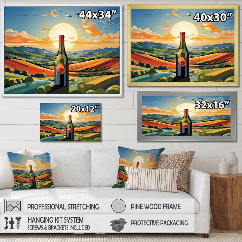 Bouteilles de vin dans des paysages italiens II - art mural vin, H 34 po x l 44 po x P 1,5 po, Cadre de coin argenté fermé