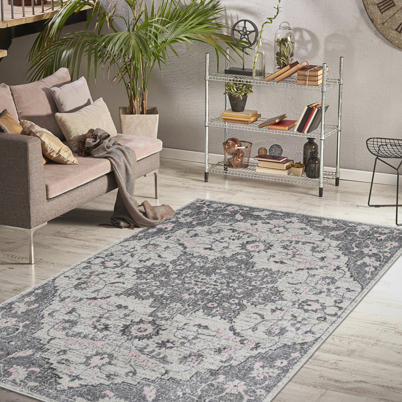 Nieve Traditional Medallion Durable Performance Gray/ Light Pink Area Rug, Rectangle 8'10" x 11'10"