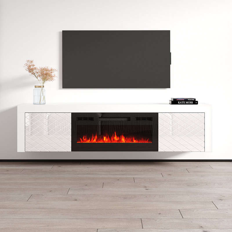 Attalla 70.9" Modern TV Stand with Electric Fireplace, High Gloss Finish, Wall-Mounted, White/Black