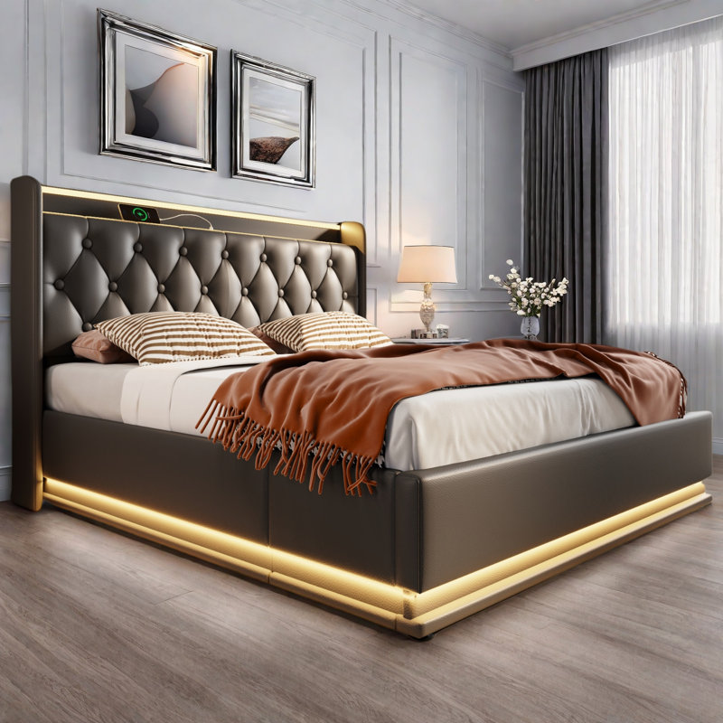 Lit tapissier avec DEL, lit de rangement hydraulique avec charge USB Type-C, Très grand lit