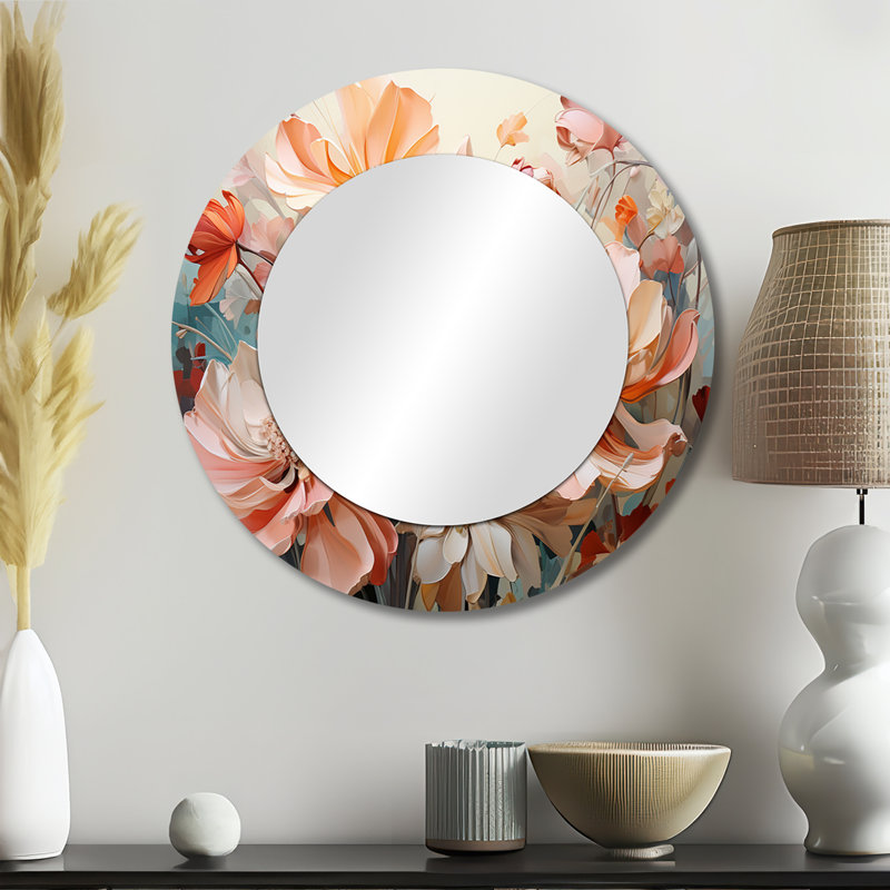 Chebanse Coral Petal Symphony I - Botanicals Wall Mirror, Modern Round Decorative Mirror, Printed Metal Art, 23" x 23"