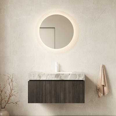 Meuble-lavabo de salle de bain 91 cm (36 po) avec lavabo, armoire flottante en contreplaqué, pierre frittée grise, lavabo en céramique, panneaux de porte étanches, résistant aux hautes températures, tiroir à ouverture facile avec comptoir en pierre, prépercé