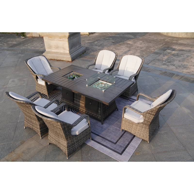 Moda 70 In. X 39 In. X 27 In. Rectangular Wicker Outdoor Gas Fire Pits Table With 6-Chairs1, Grey