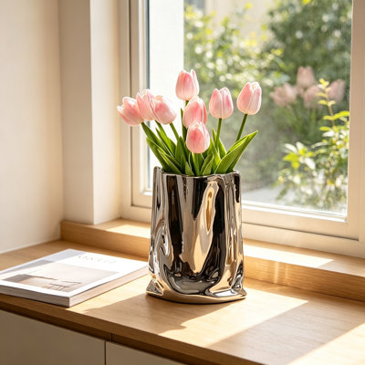 Ceramic Silver Flower Vase, Crinkle Paper Shape, Metal Decorative Home Accent for Living Room, Dining Room, Bedroom, Office, or Mantel Display, 8 Inches Tall, Large
