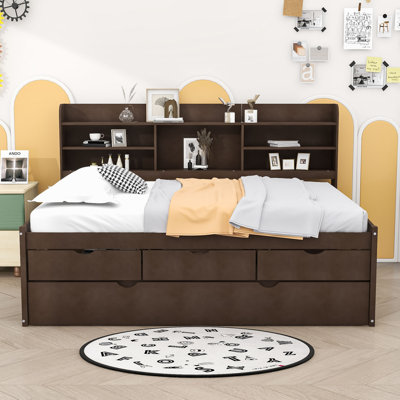 3 Drawers Wood Platform Bed with Shelves and Trundle