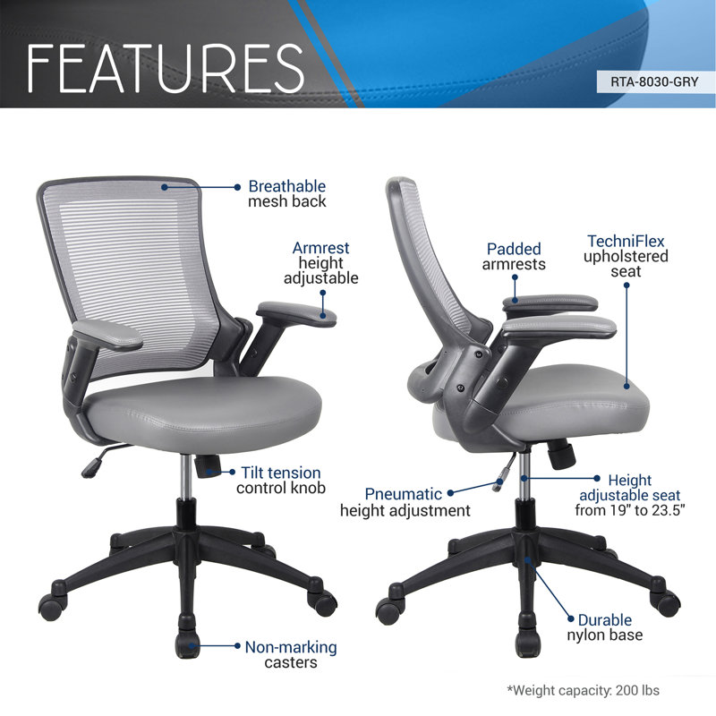 Chaise de bureau en filet à dossier moyen avec accoudoirs réglables en hauteur