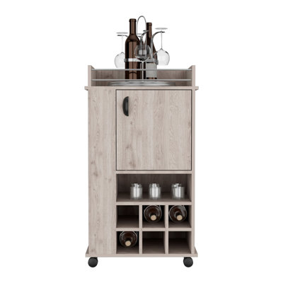 Bar Cart with 6 Built-in Wine Racks, Single-Door Cabinet, and 2 Open Shelves