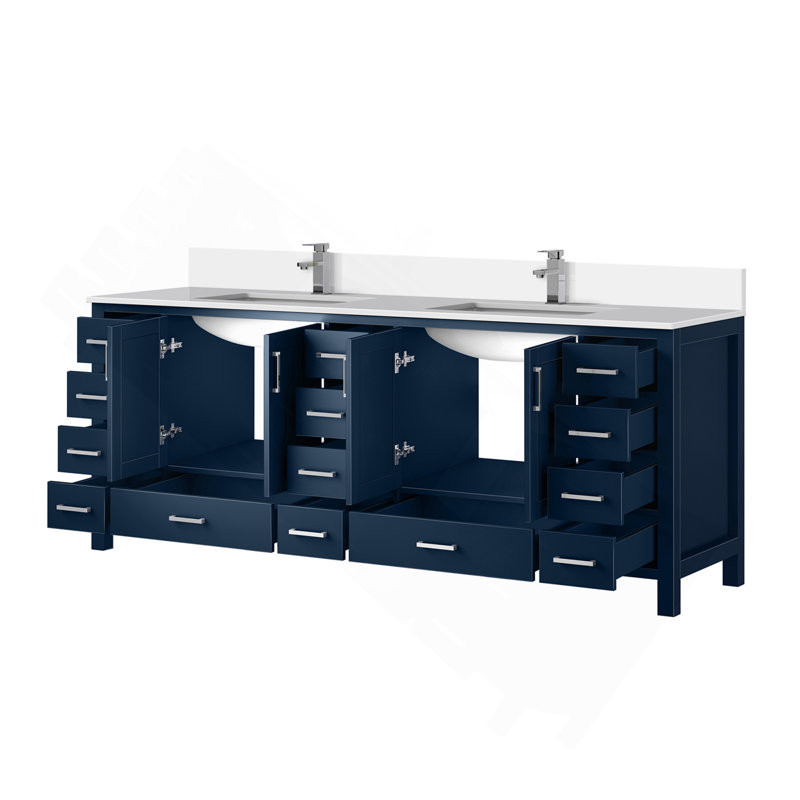 Meuble-lavabo double bleu marine 84 po X P 22 po D, dessus en quartz blanc et ensemble de robinet