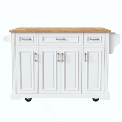 Kitchen Island With Rubber Wood Drop Leaf, Embossed Texture Rolling Kitchen Cart On 4 Wheels With 4 Doors And 3 Drawers, Kitchen Island With Storage For Kitchen, Dining Room