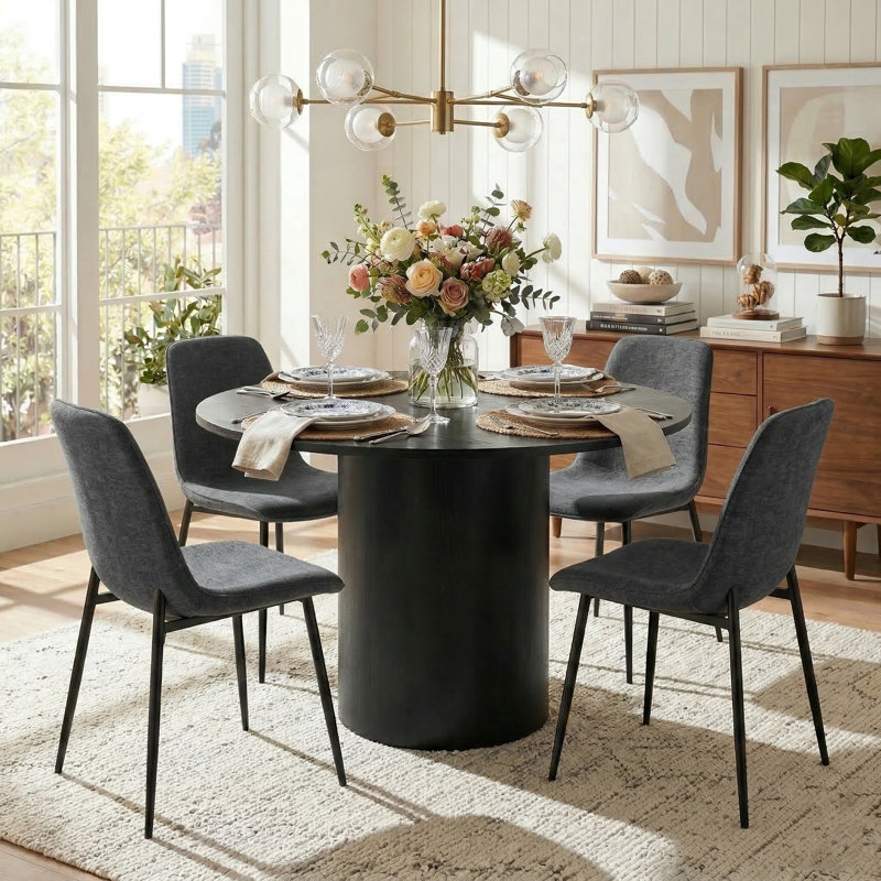 Folmar 4 - Person Dining Table Sets With 41.5'' Round Table & 4 Upholstered Chenille Chairs, Dark Gray