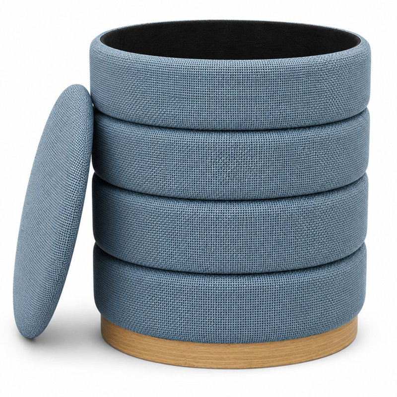 Stylish Linen Cylinder Storage Ottoman, Light Blue