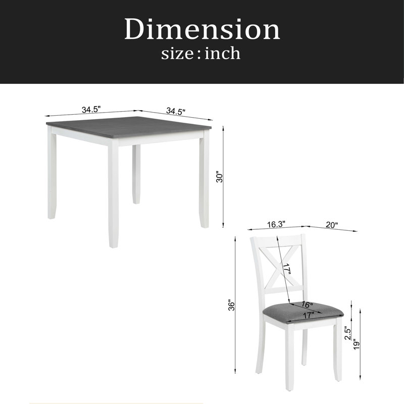 Ensemble de table de salle à manger 5 pièces avec 4 chaises, ensemble de table de salle à manger moderne en bois pour 4 personnes, ensemble de table de salle à manger pour 4 personnes pour petite place, cuisine, salle à manger, deux tons gris et blan