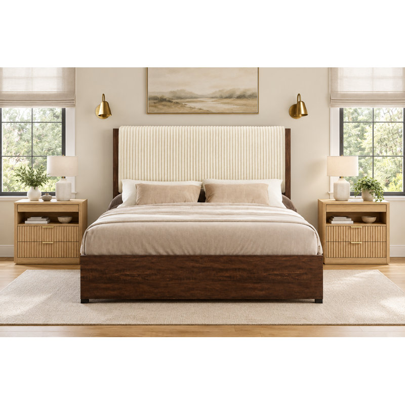 Ensemble de chambre à coucher 3 pièces, lit rembourré avec 4 tiroirs et 2 tables de chevet, Brun / Noyer, Grand lit