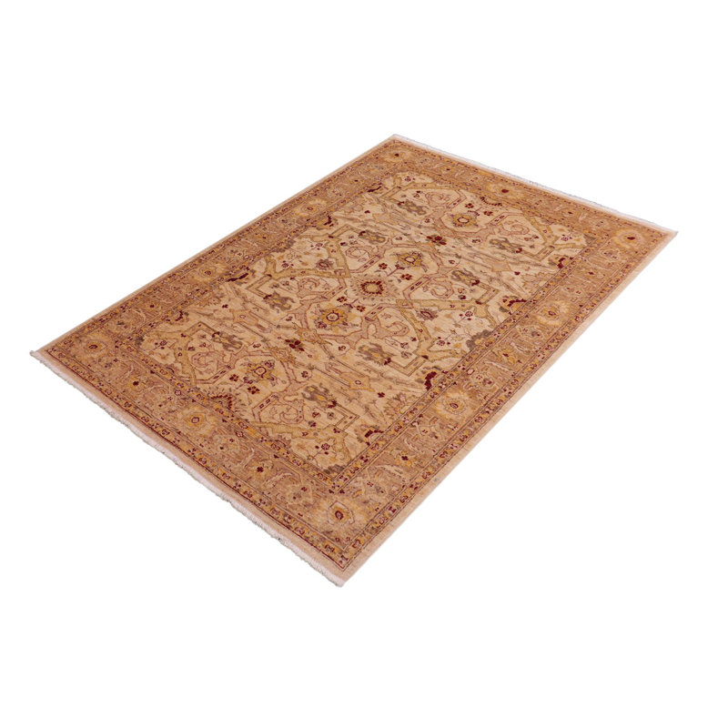 Laine beige foncé noué à la main de style oriental Junko 4 pi 11 po x 7 pi 1 po