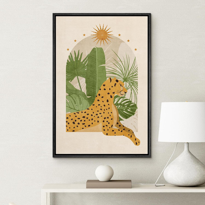 Animaux de style BCBG lumineux, feuilles de bananier tropical, feuilles de palmier émeraude, guépards jaunes, style boho moderne
