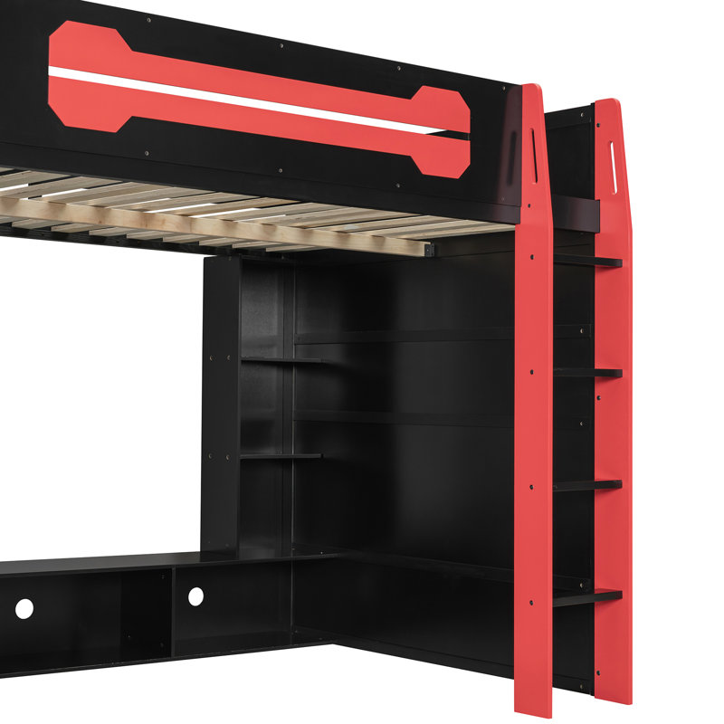 Lit mezzanine double en bois rouge avec bureau et tablettes à plusieurs niveaux pour 6, taille de style approprié, rangement sous la console, travail intégré 93,3 x 55,6 65