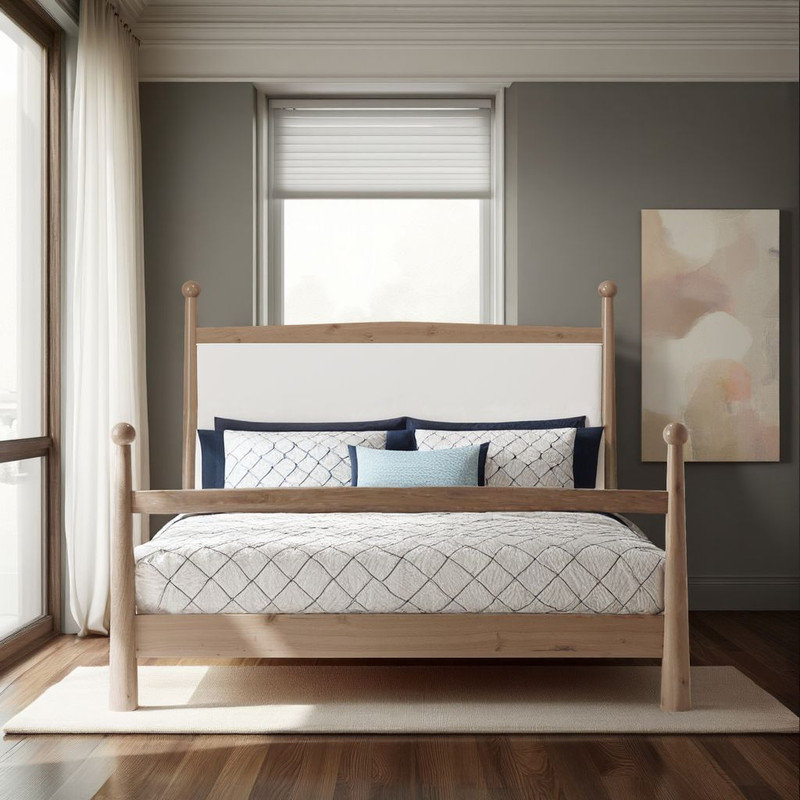 Lit très grand de style Mid-Century avec structure en bois et tête de lit tapissier Boucle, brun, Marron clair