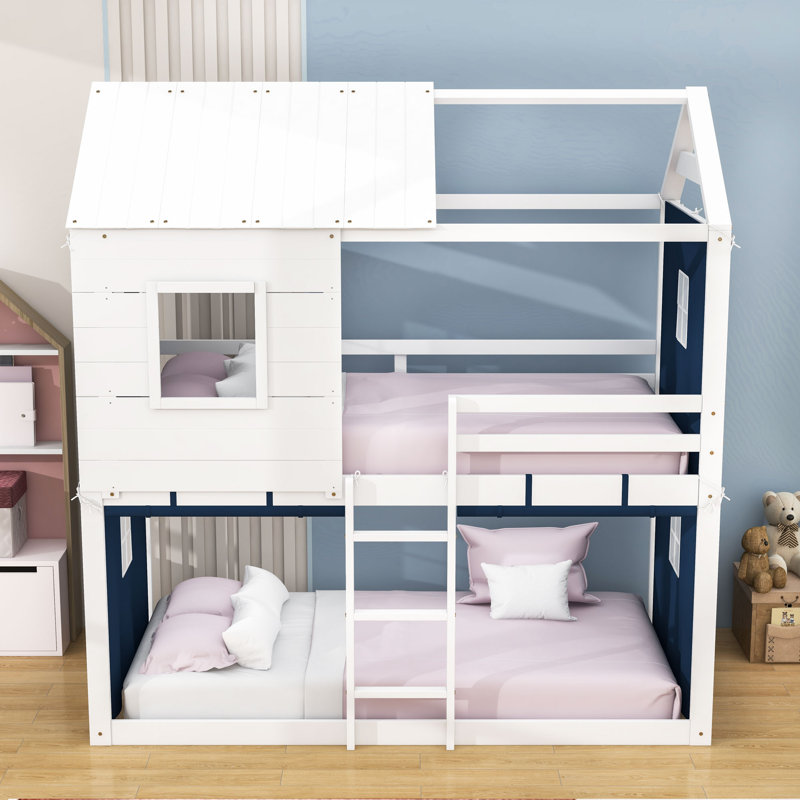 Wood Bunk Bed With Tent, Twin, Blue White