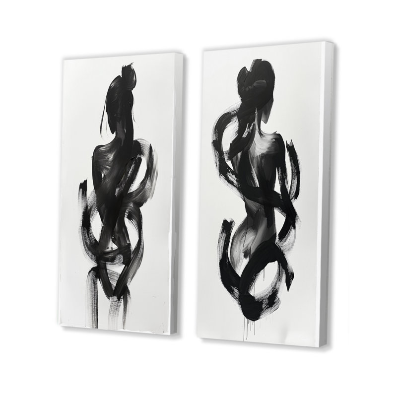 «And And Minimal Woman Silhouette I - Abstract Shapes», ensemble de 2 pièces d'art mural, H 28 po x l 24 po, Toile tendue