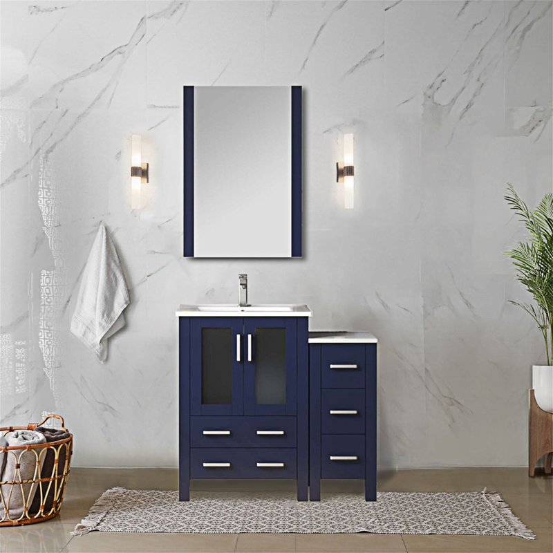 Ensemble de meuble-lavabo simple en L x P 1 avec ensemble latéral, comptoir en céramique et robinet
