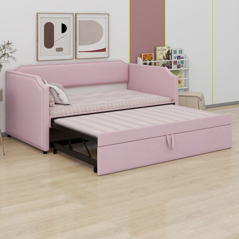 Upholstered Daybed With Pop Up Trundle, Pink