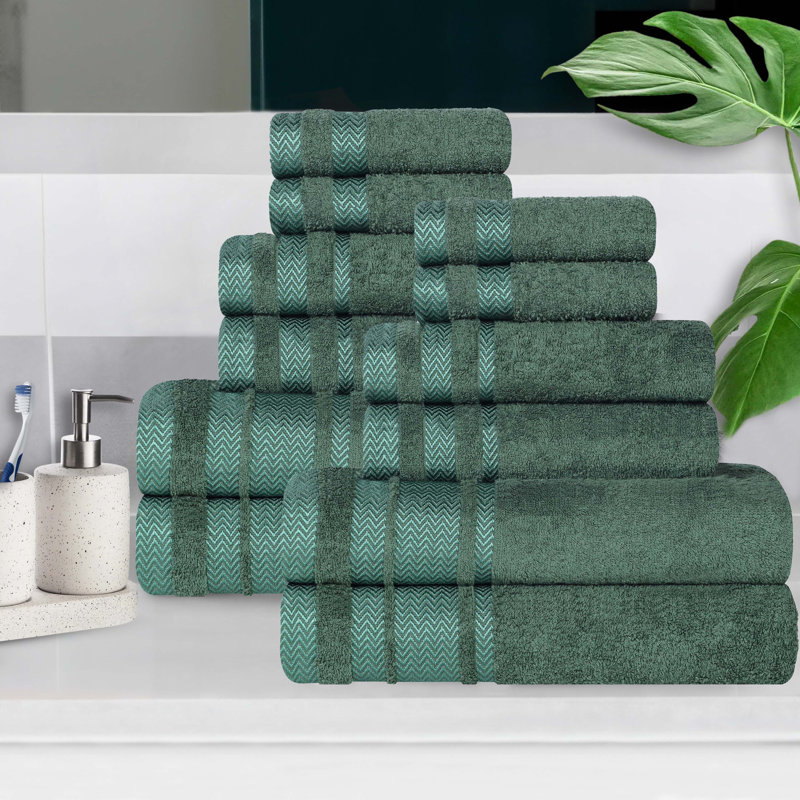 Bladenboro Cotton Solid Dobby Border Plush Soft Absorbent Medium Weight 12 Piece Bathroom Towel Set, Forest Green