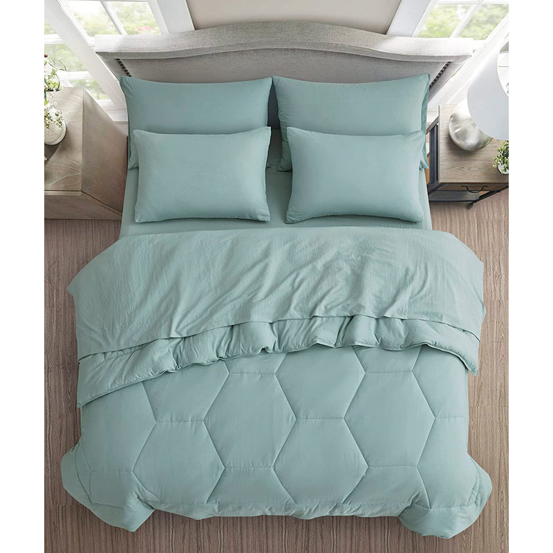 Washed Microfiber 7-Pieces Honeycomb Comforter Set with Sheets, Aqua, King Comforter + 6 Additional Pieces