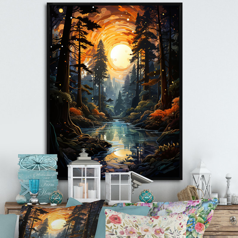 «Moonlight River Retreat Into The Forest III» - art mural forêt et rivière, Cadre flottant noir, H 20 po x l 12 po x P 1 po