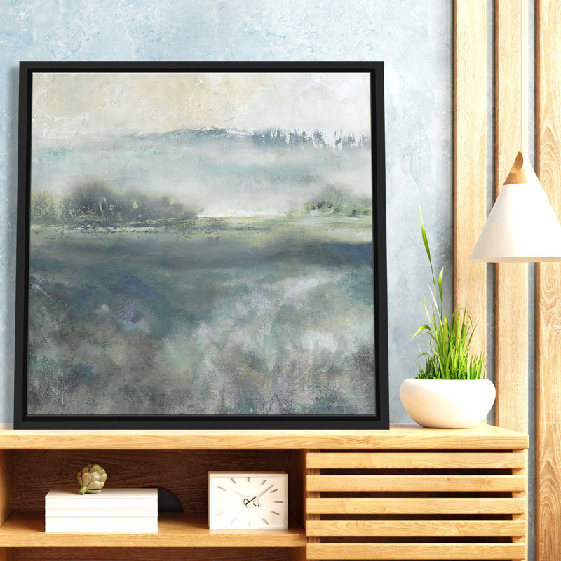 «Cool Misty Morning» par Carol Robinson - Peinture, L 39,5 po x H 39,5 po, Cadre noir
