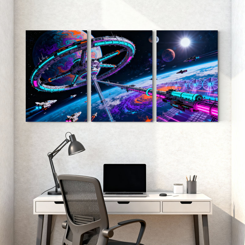 «Fantasy & Sci-Fi Space Station Orbiting», ensemble de 3 impressions murales sur toile, H 18 po x l 36 po