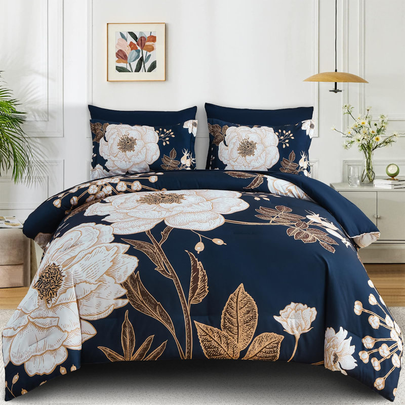 Ensemble d'édredon floral 7 pièces - Ensemble de literie en microfibre douce pour toutes les saisons, Marine