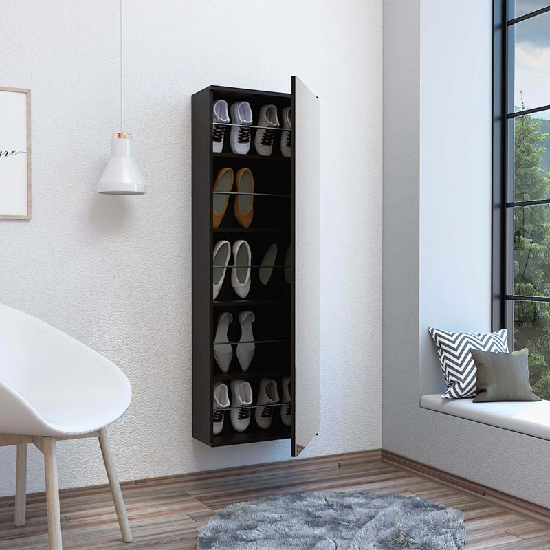 Range-chaussures mural à porte miroir Domanique, capacité de 10 paires, Noir