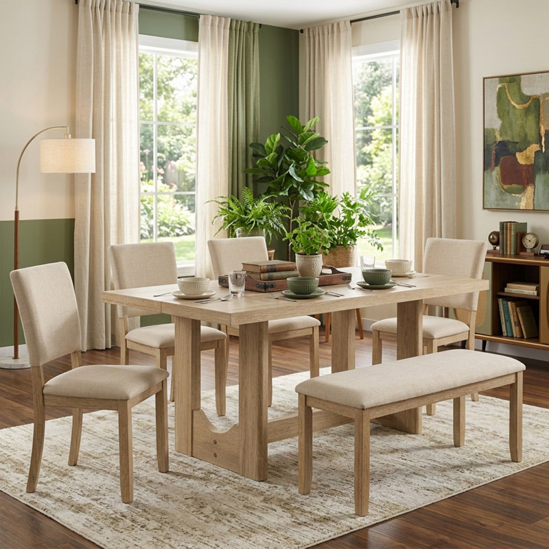 Ensemble de table de salle à manger 6 pièces avec banc, ensemble de table de cuisine rectangulaire en bois avec banc et 4 chaises rembourrées pour le salon, la cuisine, la salle à manger, la base en forme de U, chêne clair et beige