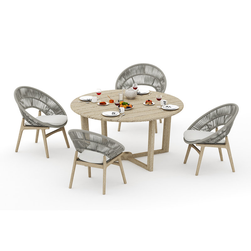 Ensemble de salle à manger 5 pièces en bois de teck vieilli de qualité A: table ronde 60 "Sema et 4 chaises Robas # 11Ro3504
