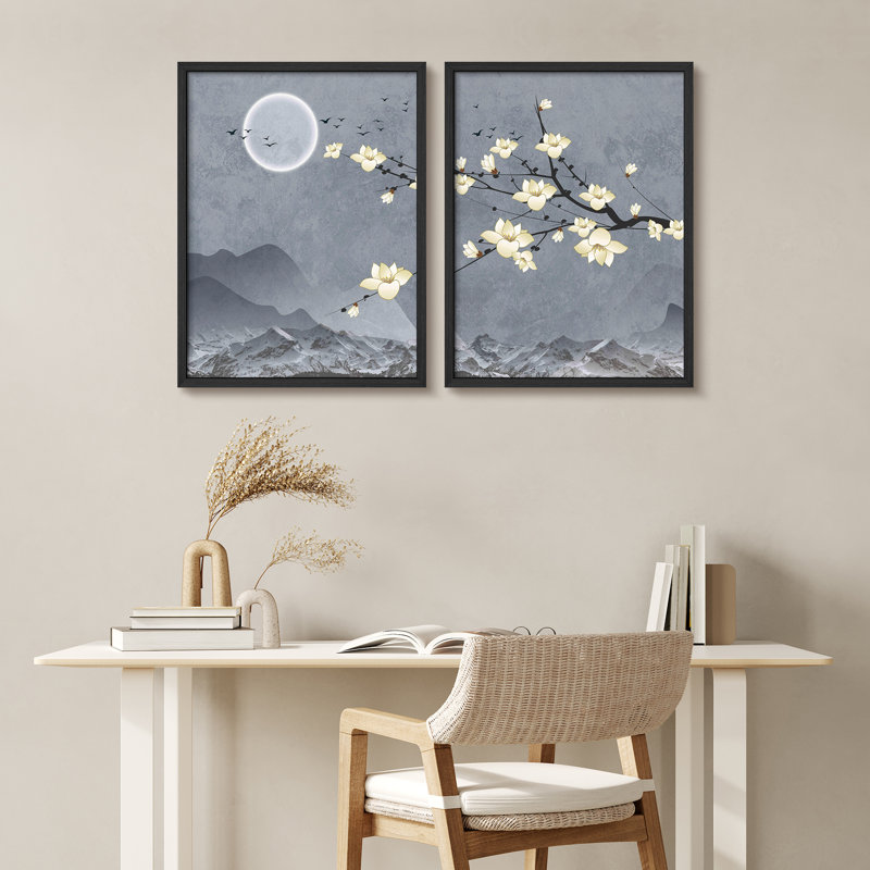 Pleine lune et fleurs, reproduction d'art encadrée, affiche, petit art mural, Noir, noir, noir, noir, H 14 po x l 11 po