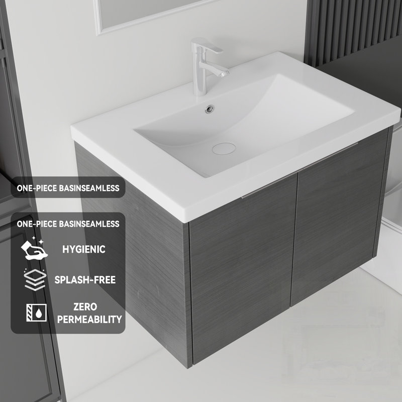 Meuble-lavabo flottant avec lavabo, porte à fermeture en douceur, lavabo en céramique, contreplaqué, Gray, 30" W
