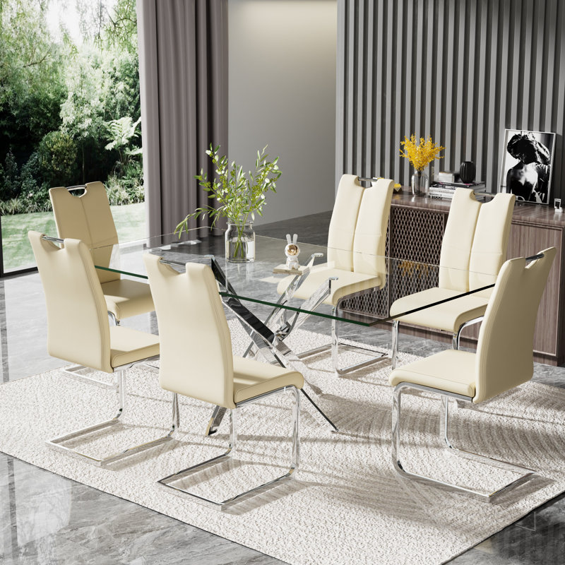Modern 71in Glass Dining Table Set with Luxury Faux Leather Dining Chairs, 7, Yellow, Gold