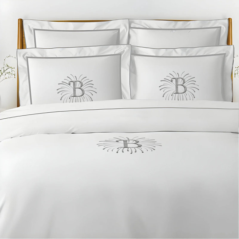 Monogram Embroidery & Border Cotton Sateen Solid Duvet Cover Set, King Duvet Cover, Yes