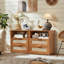 Table de chevet en rotin de 23 po avec station de charge, table de chevet en bois avec deux tiroirs et tablette ouverte, armoire de rangement bohémienne pour chambre à coucher et salon-2081779821