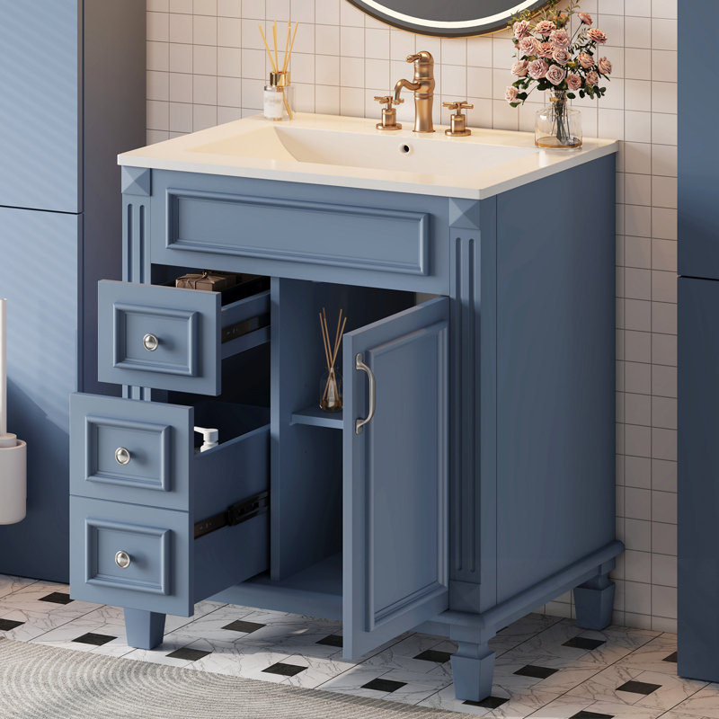 Meuble-lavabo avec lavabo, 2 tiroirs, poignÃ©es en mÃ©tal et tablette rÃ©glable, Bleu
