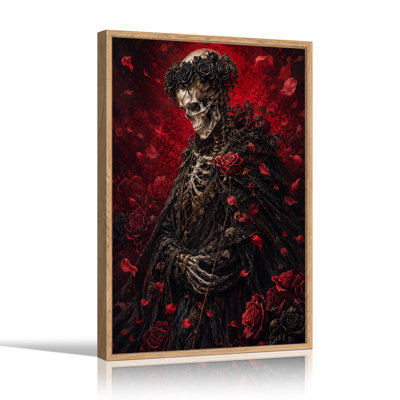 Art mural sur toile gothique squelette avec couronne de roses noires et Halloween