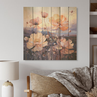 Verre floral sur paysage de montagne I - fleurs, art mural sur bois de pin naturel