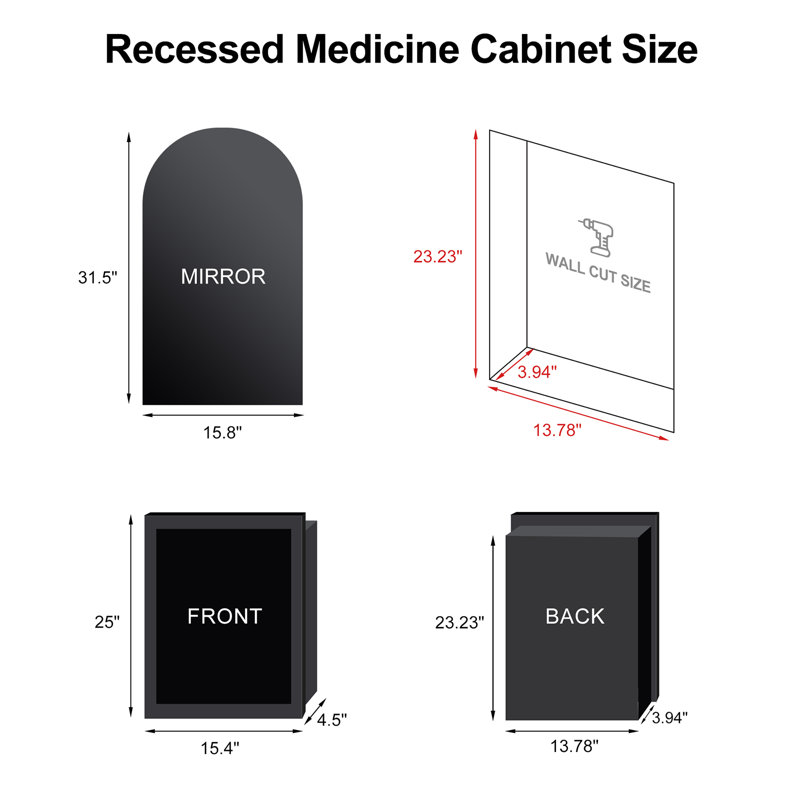 Armoire à pharmacie arquée avec miroir et tablettes, droite ouverte, encastrée, Noir mat, H 31,5 po x l 15,8 po x P 4,5 po