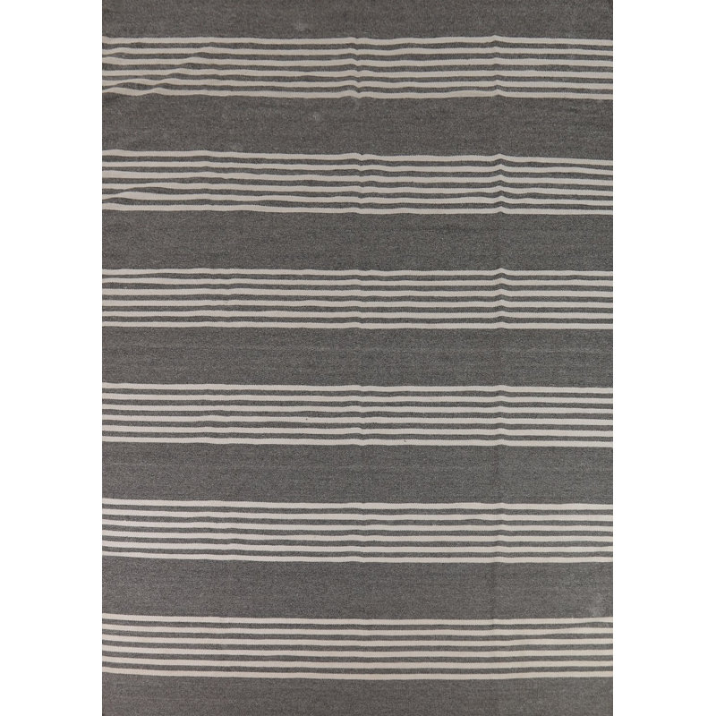 Tapis oriental rayé gris Kilim Durrie 8 x 12