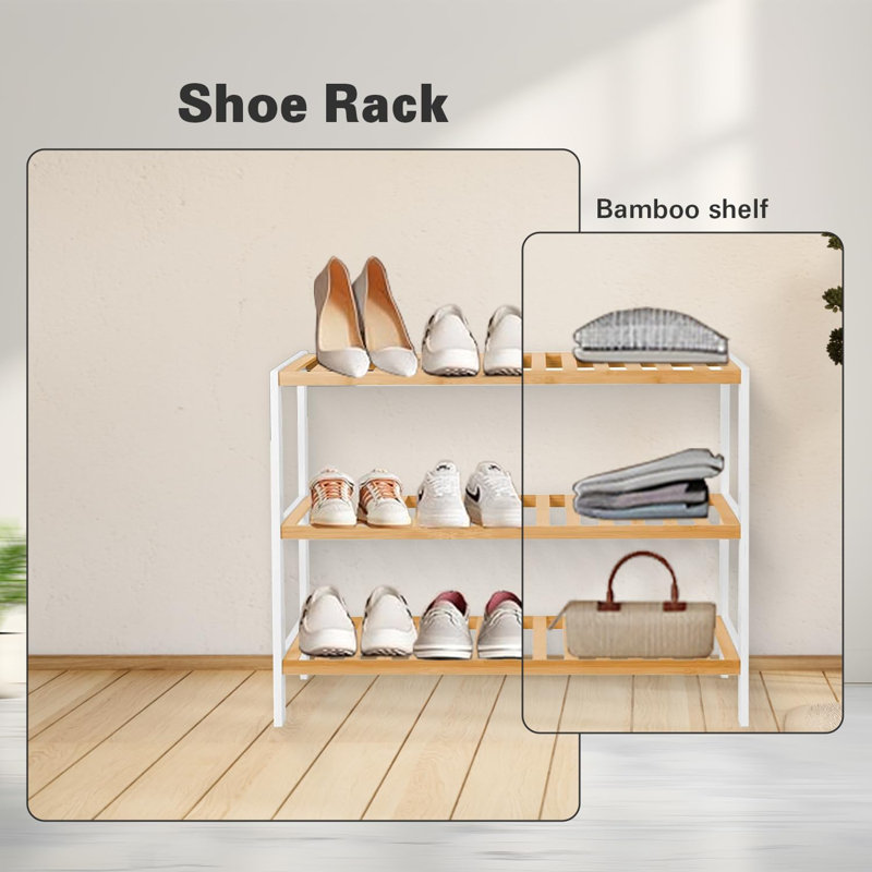 MantraRaj 3 Tier Natural Bamboo Shoe Rack Easy Assembly Strong Shelf Organiser 9 Pair Shoe Storage